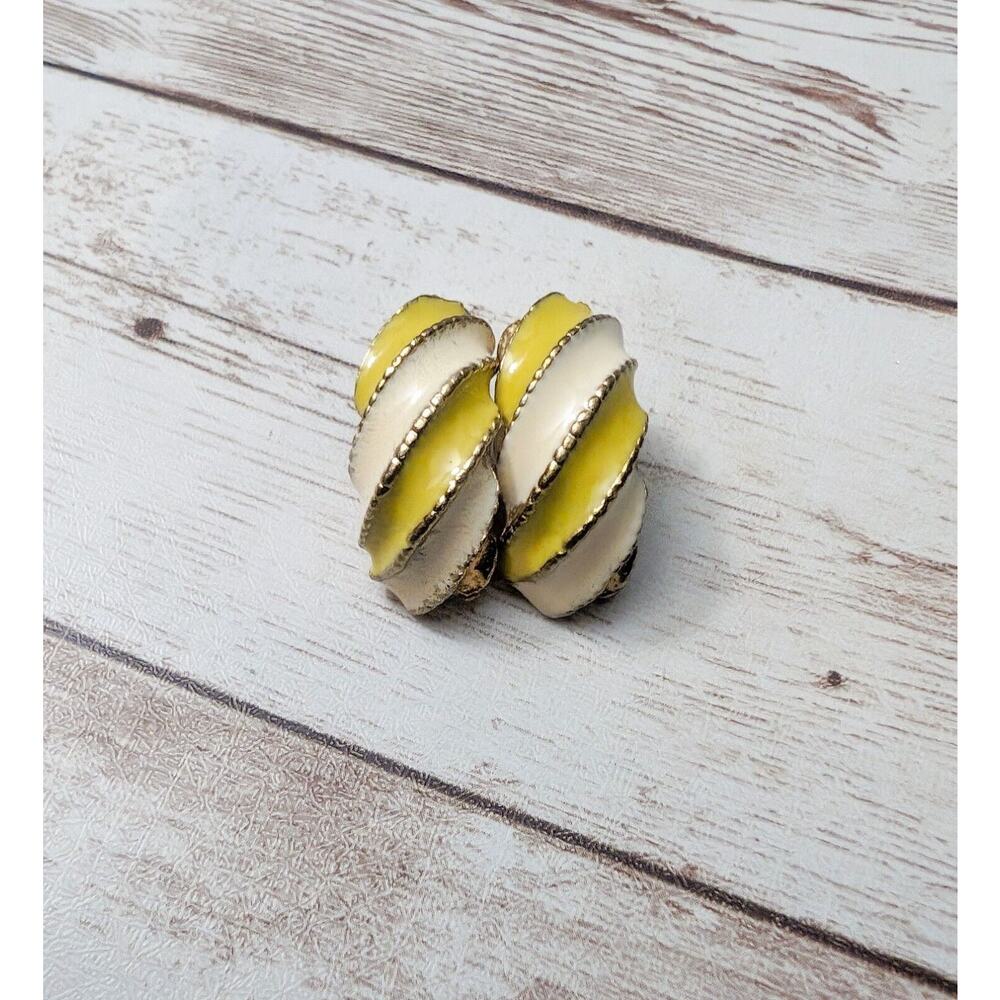 Vintage Clip On Earrings - Off White & Yellow Half Hoop